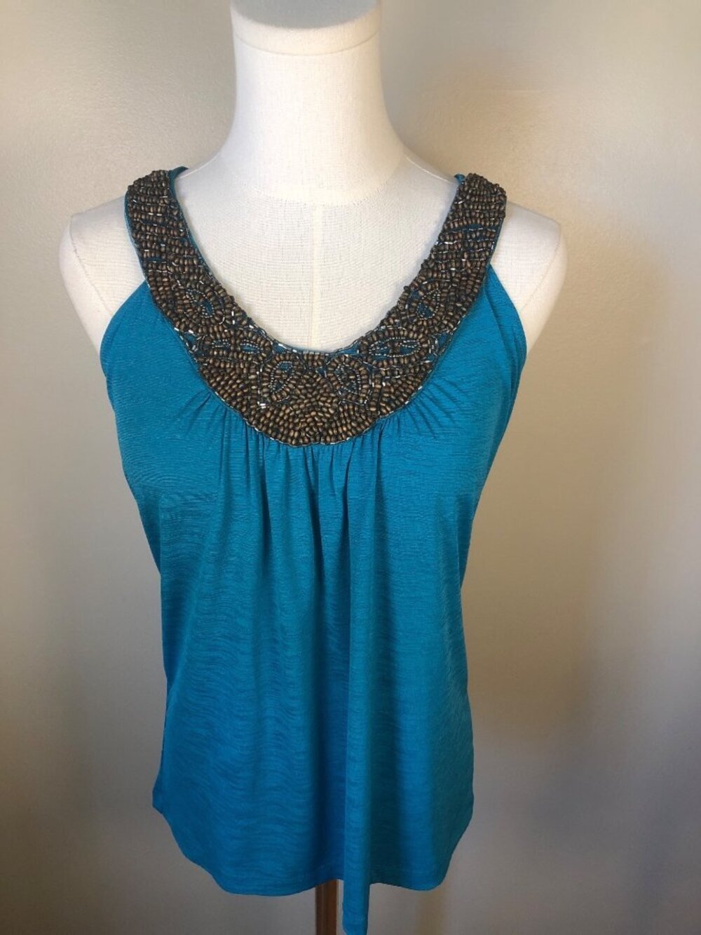 NWT Heart Soul Beaded Scoop Neck Sleeveless Teal Top Artsy Coastal Chic Size S
